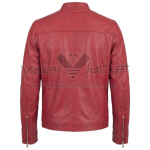 Back view of Red Standing Collar Biker Leather Jacket featuring a stand-up collar, a horizontal shoulder yoke, vertical seams, and long zippers on the cuffs.