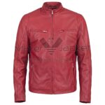 Front view of Red Standing Collar Biker Leather Jacket featuring stand-up band collar, full-length front zipper, and zippered chest and waist pockets with Maker of Jacket brand label.