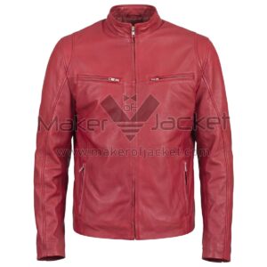 Front view of Red Standing Collar Biker Leather Jacket featuring stand-up band collar, full-length front zipper, and zippered chest and waist pockets with Maker of Jacket brand label.