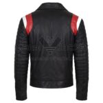 back view of Ryan Gosling Black Biker Leather Jacket featuring featuring bold red and white stripes on the shoulders and full-length ribbed quilting on the sleeves.