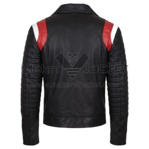 back view of Ryan Gosling Black Biker Leather Jacket featuring featuring bold red and white stripes on the shoulders and full-length ribbed quilting on the sleeves.