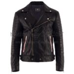 front view of Ryan Gosling Black Biker Leather Jacket featuring an asymmetrical zipper, notched lapels, ribbed sleeves, and two pockets with red and white trim with Maker Of Jacket brand label.