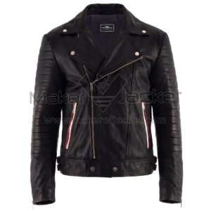 front view of Ryan Gosling Black Biker Leather Jacket featuring an asymmetrical zipper, notched lapels, ribbed sleeves, and two pockets with red and white trim with Maker Of Jacket brand label.