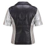 back view of Silver Black Short Sleeves Biker Leather Jacket featuring a black center panel, silver side panels, silver sleeves, and a black collar.