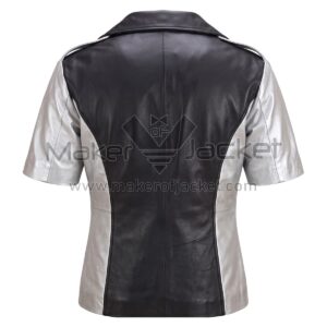 back view of Silver Black Short Sleeves Biker Leather Jacket featuring a black center panel, silver side panels, silver sleeves, and a black collar.