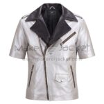 front view of Silver Black Short Sleeves Biker Leather Jacket featuring contrasting black notched lapels, an asymmetrical front zipper, and multiple zipper pockets with Maker Of Jacket brand label.