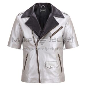 front view of Silver Black Short Sleeves Biker Leather Jacket featuring contrasting black notched lapels, an asymmetrical front zipper, and multiple zipper pockets with Maker Of Jacket brand label.
