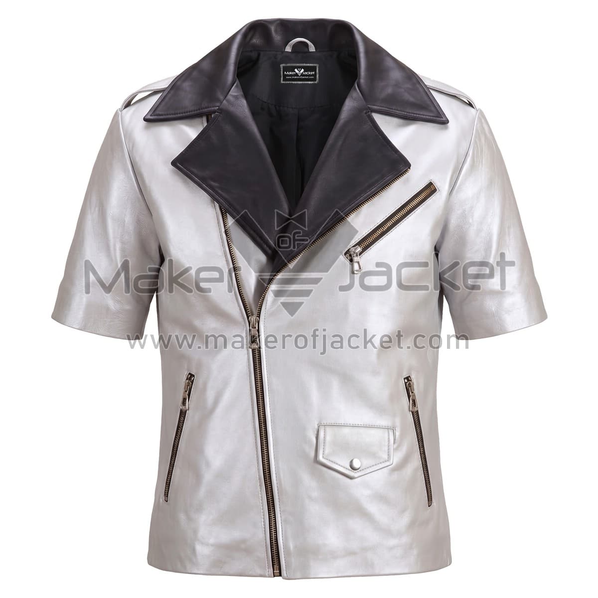 Silver Black Short Sleeves Biker Leather Jacket Front front view of Silver Black Short Sleeves Biker Leather Jacket featuring contrasting black notched lapels, an asymmetrical front zipper, and multiple zipper pockets with Maker Of Jacket brand label.