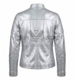 back view of Silver Padded Biker Leather Jacket featuring a straight yoke, a central seam, and padded design on sleeves.