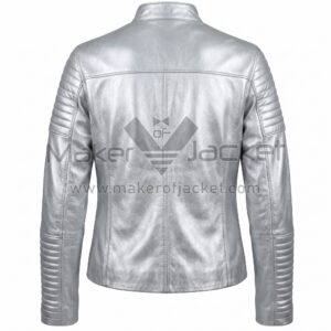 back view of Silver Padded Biker Leather Jacket featuring a straight yoke, a central seam, and padded design on sleeves.