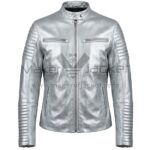 front view of Silver Padded Biker Leather Jacket featuring band collar, front zipper, four zip pockets, and padded design on sleeves with Maker Of Jacket brand label.