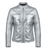 front view of Silver Padded Biker Leather Jacket featuring band collar, front zipper, four zip pockets, and padded design on sleeves with Maker Of Jacket brand label.