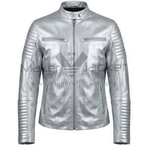 front view of Silver Padded Biker Leather Jacket featuring band collar, front zipper, four zip pockets, and padded design on sleeves with Maker Of Jacket brand label.