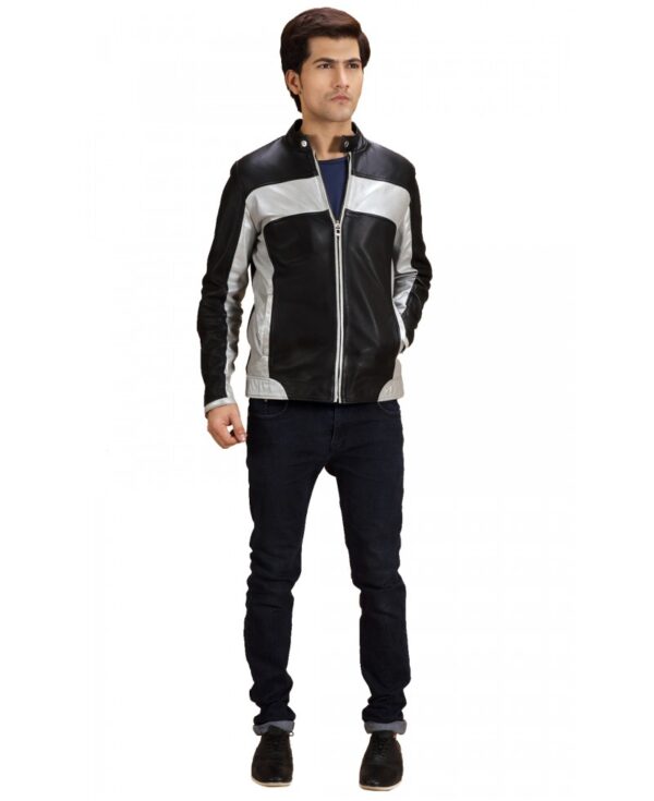 Silver Panel Cafe Racer Leather Jacket - Image 2