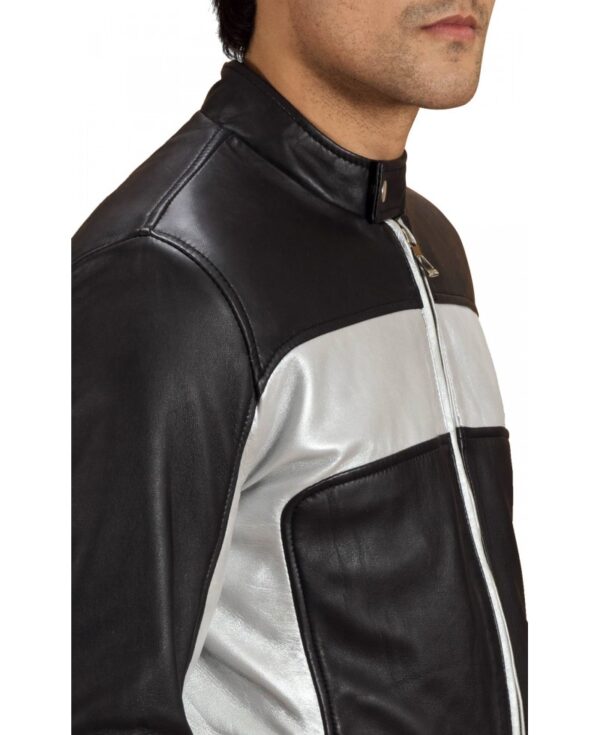 Silver Panel Cafe Racer Leather Jacket - Image 4