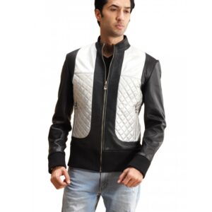 Silver Black Leather Bomber Jacket