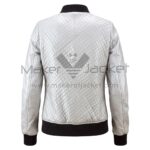 back view of Silver Quilted Bomber Leather Jacket featuring quilted diamond pattern and black ribbed knit collar, cuffs, and hem.