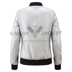 back view of Silver Quilted Bomber Leather Jacket featuring quilted diamond pattern and black ribbed knit collar, cuffs, and hem.