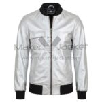 front view of Silver Quilted Bomber Leather Jacket featuring front zipper, a quilted chest flap pocket, and black ribbed knit collar, cuffs, and hem with Maker Of Jacket brand label.