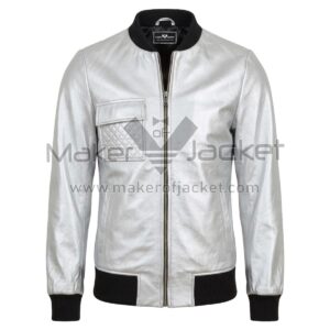 front view of Silver Quilted Bomber Leather Jacket featuring front zipper, a quilted chest flap pocket, and black ribbed knit collar, cuffs, and hem with Maker Of Jacket brand label.