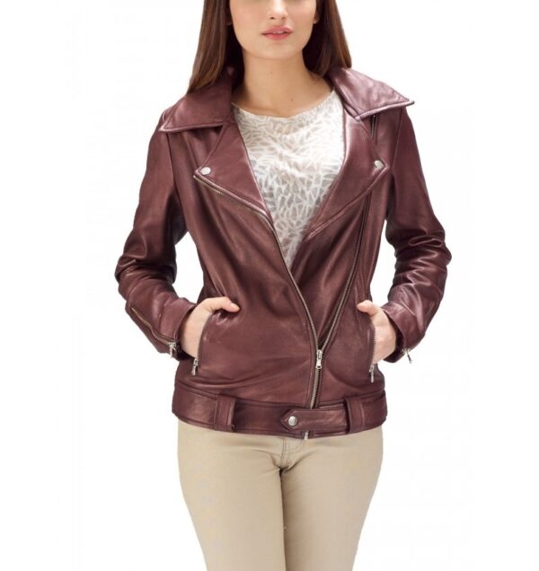 Maroon Double Rider Leather Jacket - Image 2
