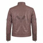 Back view of Vintage Purple Satin Bomber Jacket featuring a horizontal shoulder yoke, vertical seams, stitched sleeve patches, and zippered cuffs.