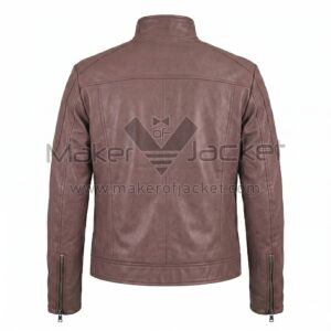 Back view of Vintage Purple Satin Bomber Jacket featuring a horizontal shoulder yoke, vertical seams, stitched sleeve patches, and zippered cuffs.