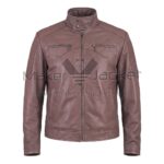 Front view of Brown Cafe Racer Moto Leather Jacket featuring stand-up collar, curved chest yoke with zippers, and stitched reinforcement sleeve patches with Maker of Jacket brand label.