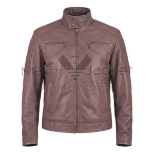Front view of Brown Cafe Racer Moto Leather Jacket featuring stand-up collar, curved chest yoke with zippers, and stitched reinforcement sleeve patches with Maker of Jacket brand label.