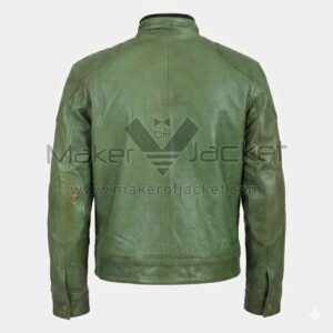 back view of Distressed Green Biker Leather Jacket featuring a central seam and elbow patches with snaps.
