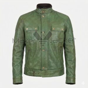 front view of Distressed Green Biker Leather Jacket featuring a buckled band collar, four front pockets, and a belted waist with Maker Of Jacket brand label.