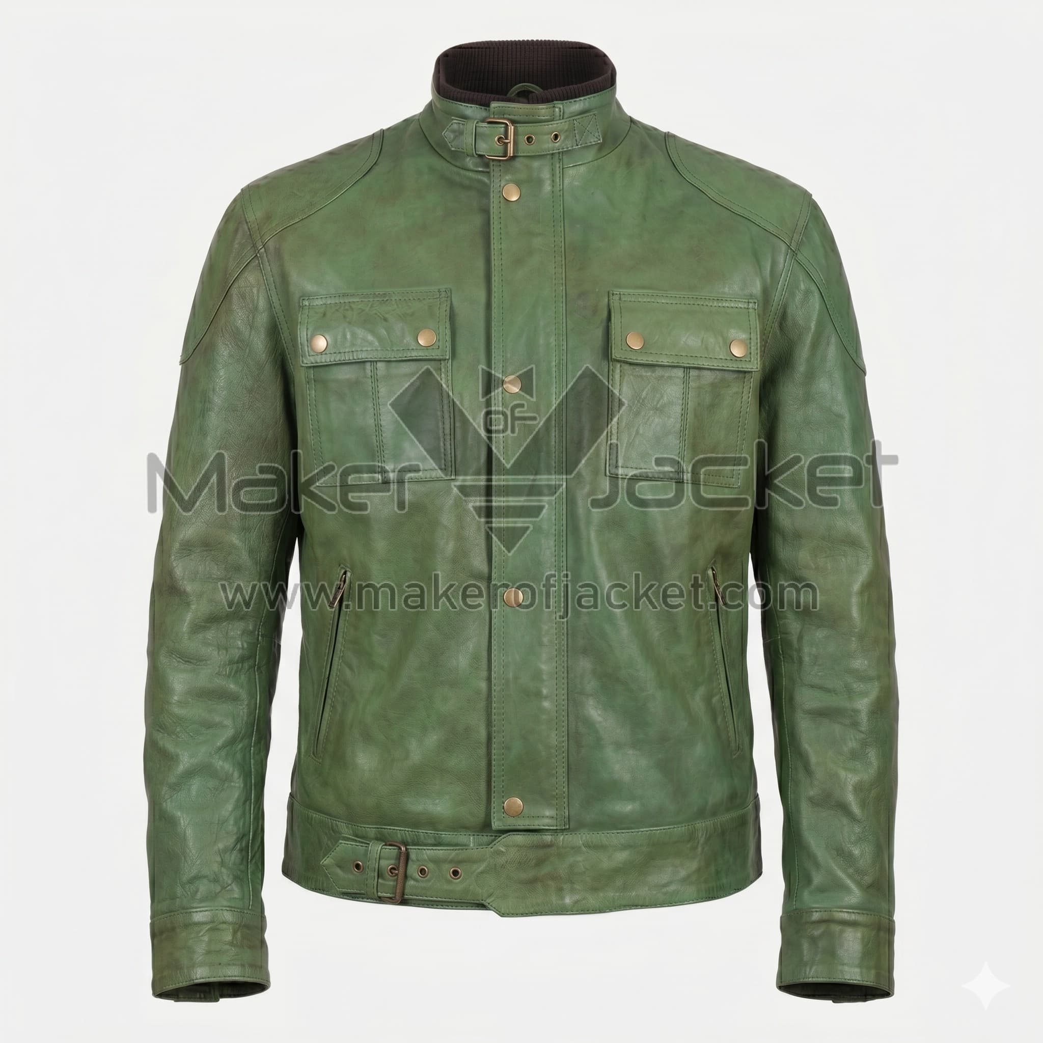 Distressed Green Biker Leather Jacket Front front view of Distressed Green Biker Leather Jacket featuring a buckled band collar, four front pockets, and a belted waist with Maker Of Jacket brand label.