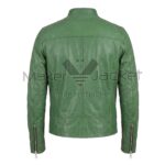 Back view of Green Standing Collar Biker Leather Jacket featuring a stand-up collar, a horizontal shoulder yoke, vertical seams, and long zippers on the cuffs.