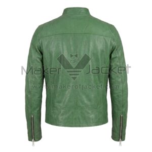Back view of Green Standing Collar Biker Leather Jacket featuring a stand-up collar, a horizontal shoulder yoke, vertical seams, and long zippers on the cuffs.