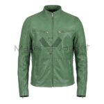 Front view of Green Standing Collar Biker Leather Jacket featuring stand-up band collar, full-length front zipper, and zippered chest and waist pockets with Maker of Jacket brand label.