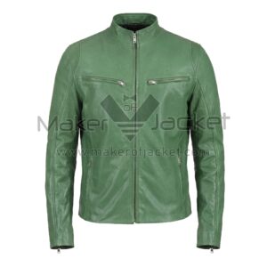 Front view of Green Standing Collar Biker Leather Jacket featuring stand-up band collar, full-length front zipper, and zippered chest and waist pockets with Maker of Jacket brand label.