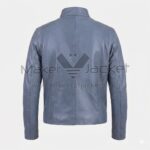 back view of Distressed Green Biker Leather Jacket featuring a clean, minimalist design with a central vertical seam and open hem cuffs.