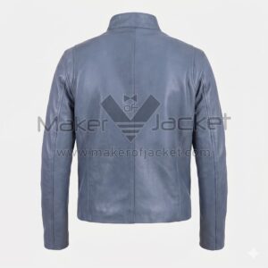 back view of Distressed Green Biker Leather Jacket featuring a clean, minimalist design with a central vertical seam and open hem cuffs.