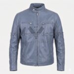 front view of Distressed Green Biker Leather Jacket featuring a band collar and snap button. It features a full front zipper and two zippered chest pockets with Maker Of Jacket brand label.