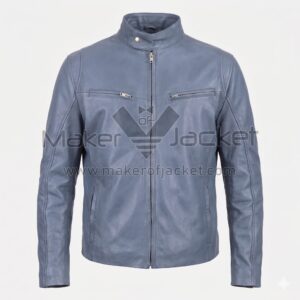 front view of Distressed Green Biker Leather Jacket featuring a band collar and snap button. It features a full front zipper and two zippered chest pockets with Maker Of Jacket brand label.