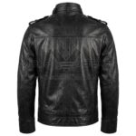 Back View of Black Biker Leather Jacket featuring a buckled stand collar, shoulder epaulets, and structured vertical and horizontal seam stitching.