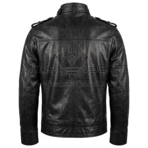 Back View of Black Biker Leather Jacket featuring a buckled stand collar, shoulder epaulets, and structured vertical and horizontal seam stitching.