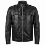 Front View of Black Biker Leather Jacket featuring a buckled mandarin collar, shoulder epaulets, a central zipper, and a unique buttoned chest flap detail.