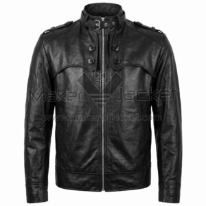 Front View of Black Biker Leather Jacket featuring a buckled mandarin collar, shoulder epaulets, a central zipper, and a unique buttoned chest flap detail.
