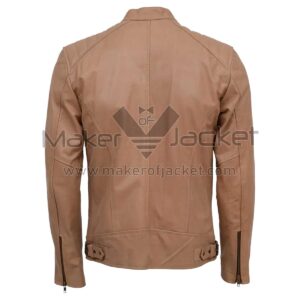Back view of Beige Biker Leather Jacket featuring quilted shoulder panels, side waist buckles, and zippered cuffs on a white background.
