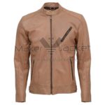 view of Beige Biker Leather Jacket featuring a double-snap collar, quilted shoulders, and multiple zipper pockets on front on a white background.