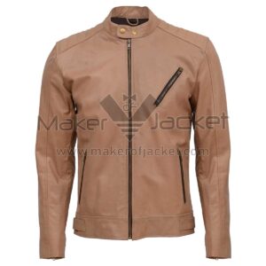 view of Beige Biker Leather Jacket featuring a double-snap collar, quilted shoulders, and multiple zipper pockets on front on a white background.