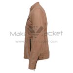 Side view of Beige Biker Leather Jacket featuring with visible zippered pockets, zippered cuffs, and a waist buckle, isolated on a white background.