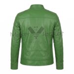 Back view of Green Cafe Racer Leather Jacket featuring quilted shoulders, vertical stitching, and a padded lower back panel on a white background.