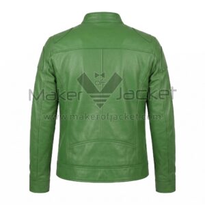 Back view of Green Cafe Racer Leather Jacket featuring quilted shoulders, vertical stitching, and a padded lower back panel on a white background.